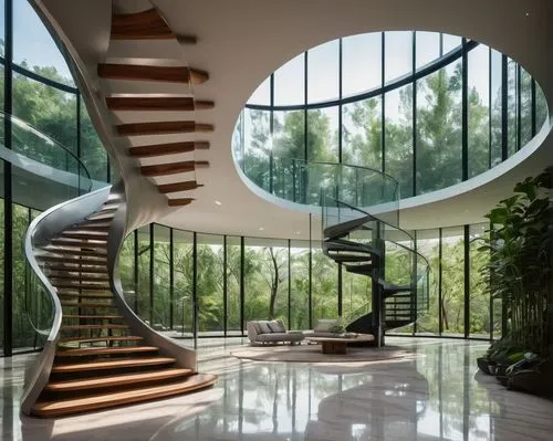 winding staircase,spiral staircase,circular staircase,spiral stairs,outside staircase,futuristic architecture,staircase,helix,modern architecture,interior modern design,staircases,winding steps,balustraded,steel stairs,seidler,curvilinear,modern house,glass wall,balustrades,tilbian,Illustration,American Style,American Style 03