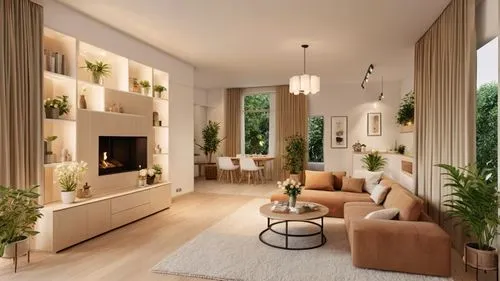 A cozy living room with soft cream-colored walls and soft lighting.  A large coffee table sits from a nearby potted plant, surrounded by a variety of plants. The room is decorated in a contrast bright