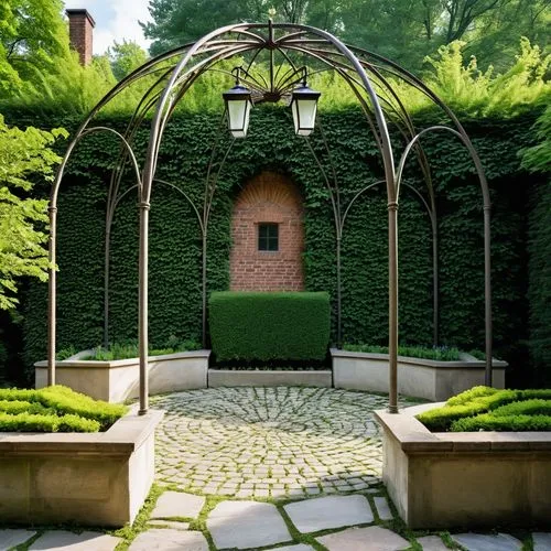 Rotunda made of serviceable ferrous metal. Black metal ivy. The base of the flower bed is made of clinker bricks. The floor is paving stones.,the trellis in the courtyard provides privacy to both gard