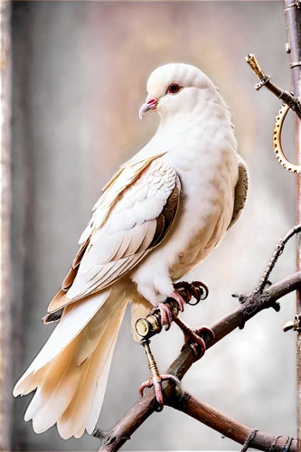 White dove, solo, perched on branch, soft feathers, gentle eyes, pink beak, delicate legs, morning sunlight, warm color tone, shallow depth of field, 3/4 composition, cinematic lighting, natural textu