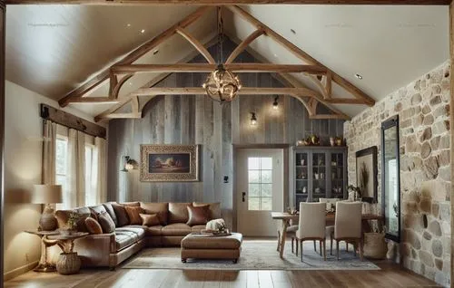 no window on front wall ,a rustic living room with wood accents and a stone wall,wooden beams,luxury home interior,rustic aesthetic,rustic,barnwood,loft,Photography,General,Cinematic