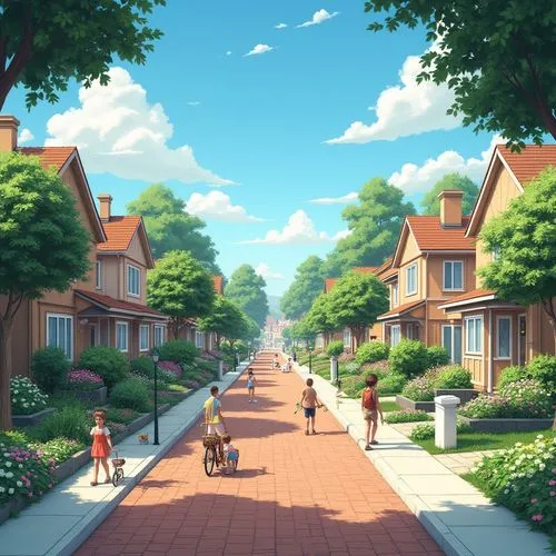 Suburban residential area, daytime, sunny weather, blue sky with few white clouds, rows of identical houses, gardens with blooming flowers, trees lining the sidewalk, kids playing on the street, mothe