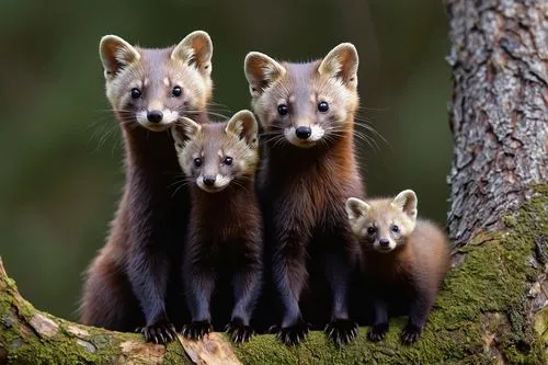 A Pine Marten family looking in front and taking a family photo ,A Pine Marten family looking in front and taking a family photo,polecats,coatis,civets,wolverines,anteaters,bear cubs,Photography,Docum