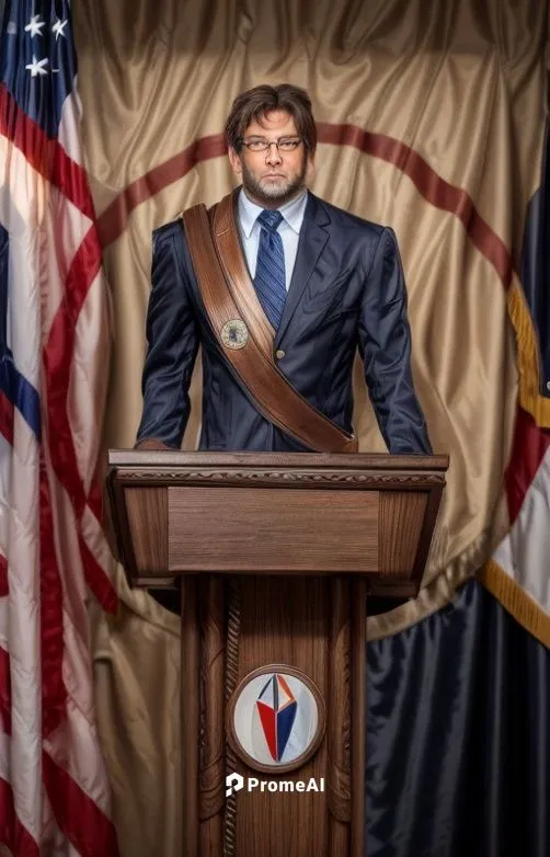 A middle-aged man with brown hair, glasses and a smart navy suit behind a wooden podium and a bluish-toned flag behind,mayor,politician,capitanamerica,captain american,president of the u s a,president