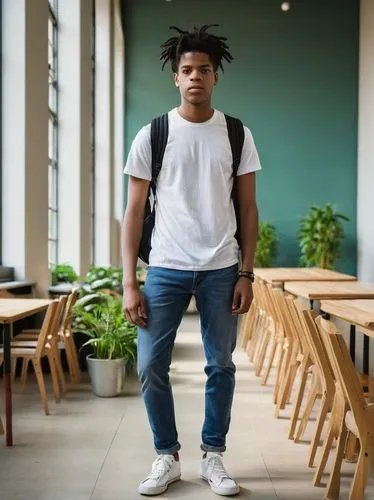 Daniel, college student, male, 20yo, casual wear, blue jeans, white T-shirt, black sneakers, backpack, books, architectural model, pencil case, serious facial expression, standing, interior, modern un