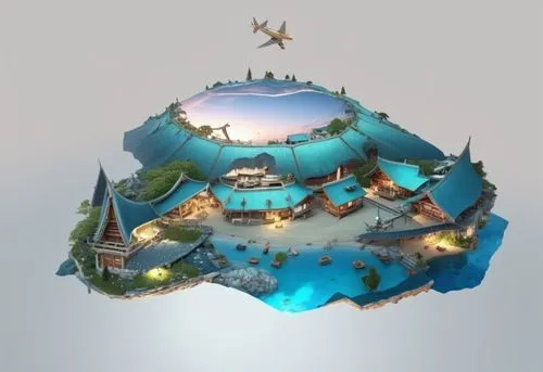 an aircraft flying over an unusual building,floating island,floating islands,map icon,igloos,snowhotel,besiege,Photography,General,Realistic