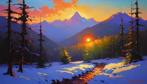 mountain sunrise,alpine sunset,mountain scene,mountain landscape,snowy peaks,fire in the mountains,snow landscape,christmas landscape,winter landscape,fire mountain,salt meadow landscape,snowy landscape,oil painting on canvas,first light,snow scene,mountains snow,teton,the spirit of the mountains,oil painting,alpine crossing,Conceptual Art,Sci-Fi,Sci-Fi 22