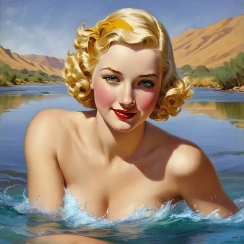 only skin,an old fashioned painting of a woman in water,retro pin up girl,the blonde in the river,pin-up girl,pin up girl,retro pin up girls,pin ups