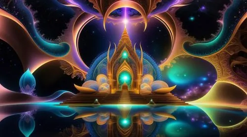 amazing fractal,an abstract image of a castle in space and lights reflecting off of the surface,fractal art,fractal environment,fractals art,apophysis,fractal,fractal lights,kaleidoscape,light fractal