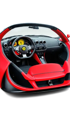 Red Ferrari sports car, luxurious interior, sleek design, shiny metallic paint, black leather seats, steering wheel, dashboard, speedometer, bright headlights, polished alloy wheels, racing stripes, d