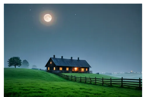 lonely house,home landscape,moonlit night,houses clipart,moonlighted,house silhouette,night scene,homesteader,night image,landscape background,homesteaders,houses silhouette,evening atmosphere,country cottage,little house,foggy landscape,moon and star background,country house,farmhouse,moonshine,Illustration,Paper based,Paper Based 14