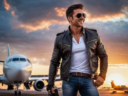 muscular man, ace pilot, 30s, confident smile, aviator sunglasses, short brown hair, black leather jacket, white shirt, silver watch, strong chest, athletic waist, denim jeans, black boots, standing, 