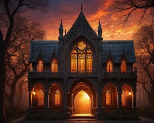 haunted cathedral,gothic church,gothic style,gothic,haunted house,the haunted house,witch's house,black church,house silhouette,witch house,the black church,victorian house,neogothic,ravenloft,fairy tale castle,ghost castle,wooden church,house of prayer,dark gothic mood,forest chapel,Illustration,Realistic Fantasy,Realistic Fantasy 45