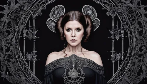 queen cage,princess leia,darth talon,gothic portrait,star mother,swath,the enchantress,queen of the night,celtic queen,mirror of souls,dark art,wind rose,cd cover,sorceress,the witch,overtone empire,biomechanical,stepmother,priestess,photomontage,Illustration,Realistic Fantasy,Realistic Fantasy 46