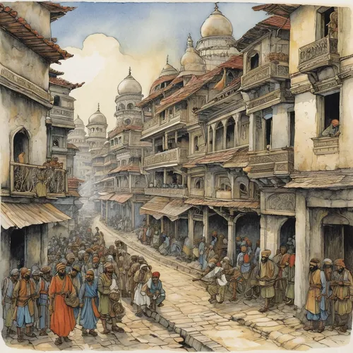 durbar square,orientalism,grand bazaar,indian art,constantinople,the pied piper of hamelin,khokhloma painting,souq,medieval market,kathmandu,souk,medina,street scene,sadhus,caravansary,bazaar,the market,kul-sharif,ancient parade,jaipur,Illustration,Paper based,Paper Based 29