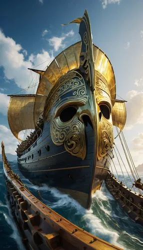 A huge Greek military trireme, in front is a huge golden ram, on the bow of the trireme is the face of the formidable Poseidon with flowing hair.,viking ship,hellenistic-era warships,viking ships,iron