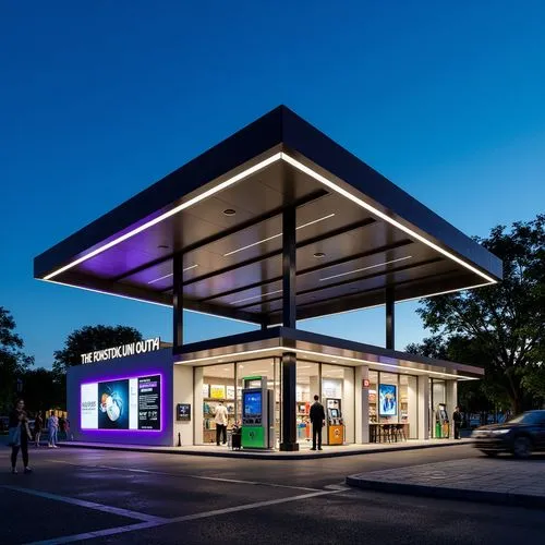 Modern gas station, sleek metal canopy, neon LED lights, futuristic architecture, angular lines, minimalist design, digital signage, high-resolution displays, interactive kiosks, touchless payment sys