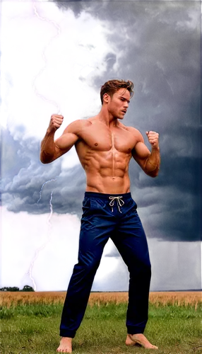 Dramatic thunderstorm sky, dark blue clouds, lightning flash, strong wind, rain pouring down, muscular man, wet clothes clinging to body, standing heroically, clenched fists, dynamic pose, misty atmos