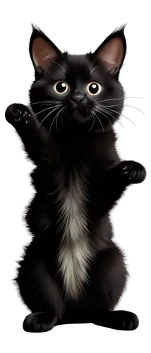 Mitten, black and white, cartoon style, cute face, small nose, whiskers, fluffy fur, paws up, sitting, simple background, high contrast, bold lines, 2D illustration, graphic art, PNG transparent backg