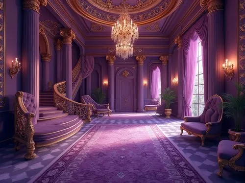 ornate room,royal interior,hallway,victorian room,ballroom,purple wallpaper,baroque,staircase,opulence,interiors,grandeur,entrance hall,fairy tale castle,beauty room,parlor,europe palace,hall of the fallen,palaces,great room,opulent,Photography,General,Realistic