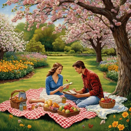 Write a heartwarming story about a young couple enjoying a romantic picnic in a blooming garden.,picnic,romantic scene,picnic basket,young couple,woman holding pie,picnic table,as a couple,girl and bo