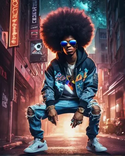 Rap cover art, urban cityscape, night scene, dark alleys, graffiti walls, street lamps, boombox, vinyl records, cassette tapes, gold chains, diamond grillz, bold afro, trendy sneakers, ripped denim je