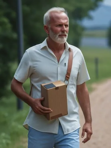 an old man carrying a moving box down a dirt road,mailman,deliveryman,elderly man,courier driver,courier software,delivering,Photography,General,Realistic