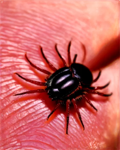 Ticks on human skin, close-up shot, detailed texture, tiny legs and body, reddish-brown color, embedded in flesh, painful expression, 3/4 composition, shallow depth of field, natural lighting, high-co