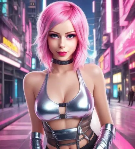 Beautiful lady with pink hair and futuristic makeup, like a pop star, colourful, silver, pink, neon urban background. Photorealistic.,cyberpunk,barbie,pink beauty,pink hair,cg artwork,harley,cyborg,ne