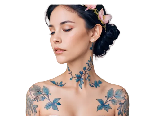 tattoo girl,lotus tattoo,floral japanese,with tattoo,polynesian girl,tattoos,watercolor pin up,tattooed,oriental girl,blue flax,geisha,floral,almond blossom,rosa bonita,bella rosa,lotus flower,tattoo,geisha girl,almond blossoms,ixia,Illustration,Realistic Fantasy,Realistic Fantasy 02