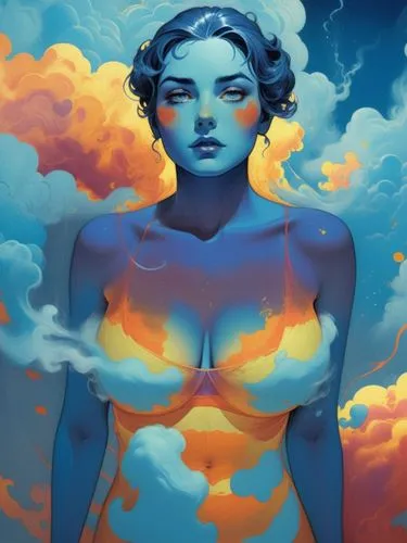 Suddenly, the stern, erotic spirit appears from a cloud of steam and beguiles the hearts of the gentlemen in particular.,a painting of a woman with sky and clouds in the background,cielo,promethea,wel