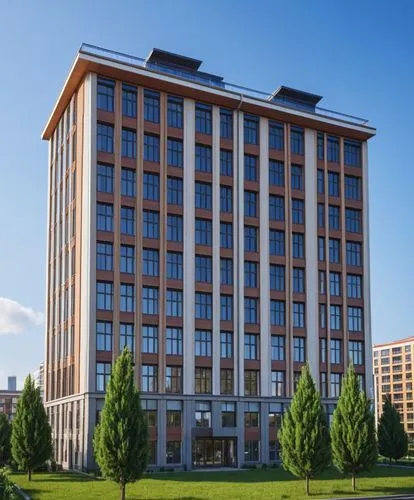 a very large building with glass windows in front of a blue sky,mgimo,atyrau,balashikha,kostanay,minsk,jiongming,mytishchi,chelyabinsk,kansai university,appartment building,bishkek,voronezh,vladikavka