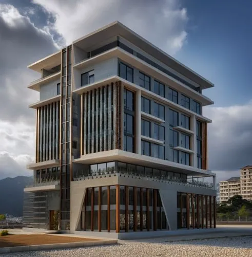 the large modern building has an interesting glass window and railing on it,batumi,modern building,edificio,kigali,tirana,pendik,Photography,General,Realistic