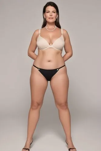 a full-figured woman with smooth and pale skin. she has very large and sagging breasts. she has thick thighs. she has pot belly. she has big ass. she's wearing a Brazilian cut g-string bikini. she is 