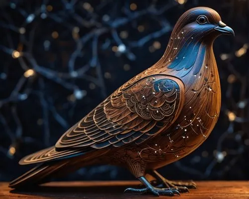 a carved wooden pigeon with constellations on it,victoria crown pigeon,ornamental duck,an ornamental bird,scheepmaker crowned pigeon,plumed-pigeon,ornamental bird,crown pigeon,speckled pigeon,scheepma