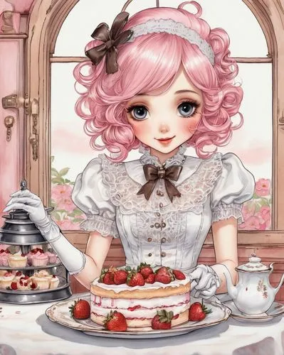 Whimsical strawberry shortcake, colorful dessert, sweet treats, delicate hands holding plate, lace gloves, Victorian-era inspired dress, pastel pink hair bows, big bright eyes, rosy cheeks, gentle smi