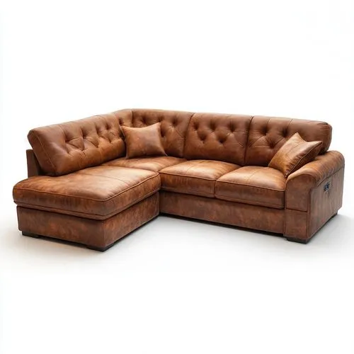 add carriage stitching and leather buttons to upper cushions,a brown leather sectional sofa sitting on a white background,sofas,sofa set,settee,settees,loveseat,seating furniture