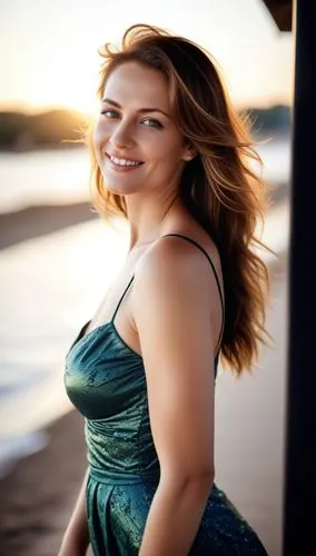 an attractive young woman in green dress smiling,celtic woman,hilarie,giada,beach background,margairaz,fiordiligi