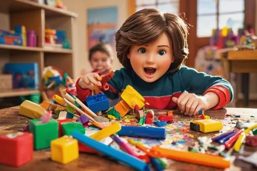 Playmobil generator, creative toys, colorful blocks, building scene, bright lights, afternoon sun, children's hands, excited facial expression, messy hair, casual wear, wooden table, scattered toys, c