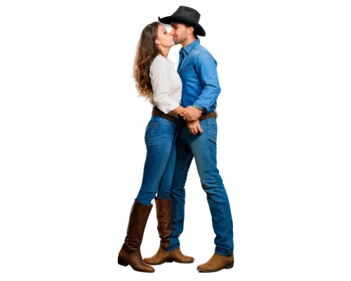 Cowboy, cowgirl, embracing, romantic, sunset, warm light, detailed facial features, strong jawline, cowboy hat, bandana, leather boots, denim jeans, white shirt, flowing hair, gentle smile, tender kis