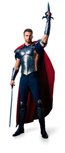 Victorious warrior, muscular man, solo, (30yo), short blonde hair, blue eyes, strong facial features, golden armor, red cape flowing behind, holding sword aloft, heroic pose, dramatic lighting, cinema