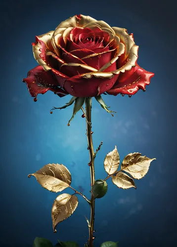 A stunning 3D render of a beautifully detailed red rose, with golden liquid oozing from its petals. The rose stands tall and proud, its vibrant red color contrasting with the golden drips that accentu