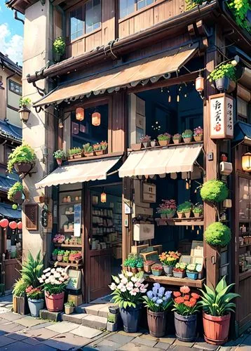 flower shop,izakaya,greenmarket,flower stand,fruit stand,fruit market,grocery,marketplace,bakery,flower booth,ryokans,komeda,azabu,watercolor tea shop,enoshima,store front,kyoto,grocery store,nogaideli,greengrocer,Anime,Anime,Traditional