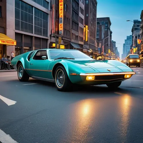 The sleek lines of a 1970s car glide through the streets of the city, leaving behind a trail of dust and debris. The car's metallic body gleams in the bright neon lights of the future, and its engine 