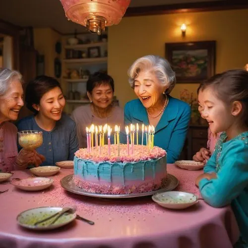 The boy stands behind a colorful birthday cake with many candles at a wooden dining table. The boy expresses pure happiness and joy with a spark of joy in her eyes. She leans forward and gently blows 