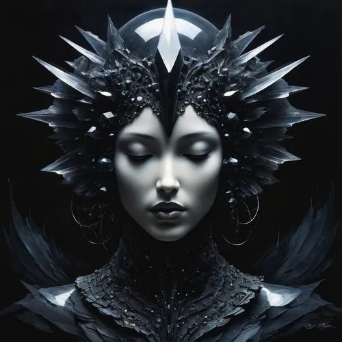 queen of the night,the snow queen,crow queen,dark angel,gothic portrait,ice queen,black angel,priestess,dark art,fantasy portrait,headdress,dark gothic mood,gothic woman,lady of the night,dark elf,fantasy art,sorceress,mirror of souls,imperial crown,crowned,Illustration,Abstract Fantasy,Abstract Fantasy 18