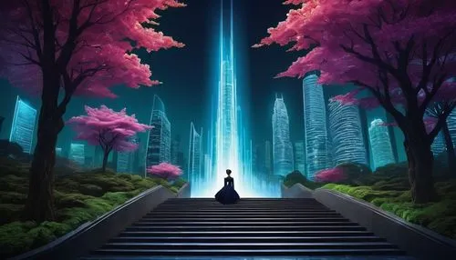 beautiful wallpaper,futuristic landscape,fantasia,japanese sakura background,the mystical path,torii,world digital painting,cosmos,tanabata,hall of the fallen,pilgrimage,arbor,art deco background,ascent,tron,sakura background,the path,monolith,the pillar of light,ascendent,Illustration,Realistic Fantasy,Realistic Fantasy 35