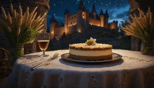 A table is covered with a linen tablecloth, on which  barley flowers are scattered, and each diner has a plate with a slice of cheesecake,fairy tale castle,fairytale castle,gold castle,the cake,little