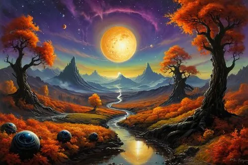 fantasy landscape,autumn landscape,fantasy picture,autumn background,fall landscape,mushroom landscape,Illustration,Realistic Fantasy,Realistic Fantasy 32