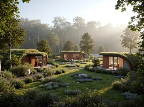 ecovillages,render,treehouses,3d rendering,cabins,forest house,landscape designers sydney,landscape design sydney,hobbiton,summer cottage,inverted cottage,house in the forest,summer house,holiday home,lodges,ecovillage,floating huts,landscaped,grass roof,yurts